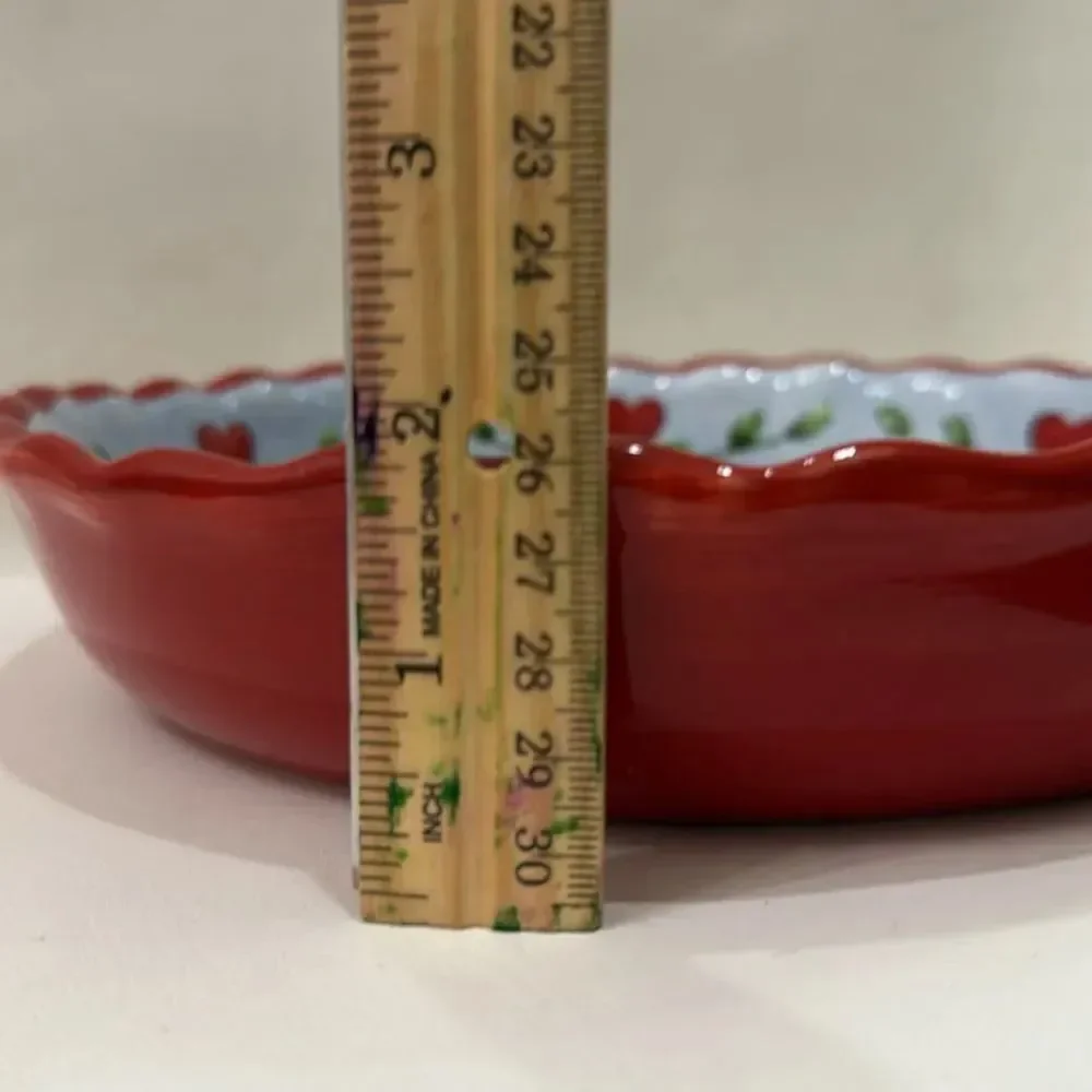 Pie Dish Red Blue Ceramic Baking Serving Cookware Recipe 9 3/4 X 1 3/4 In Tall
